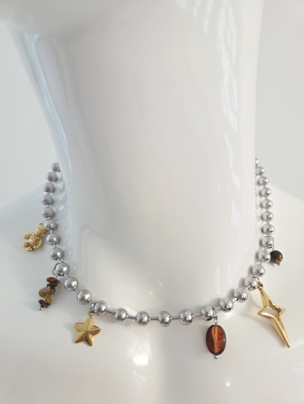 Y2K Silver Beaded Charm Choker Necklace Bear Star Nugget Trendy Jewelry